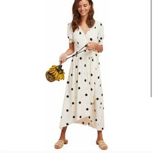 MAEVE Anthropologie Breanna Wrap Polka Dot Surplice Pleated Midi Dress